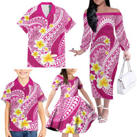 Plumeria Polynesian Pink Glitter Pattern Family Matching Off The Shoulder Long Sleeve Dress and Hawaiian Shirt