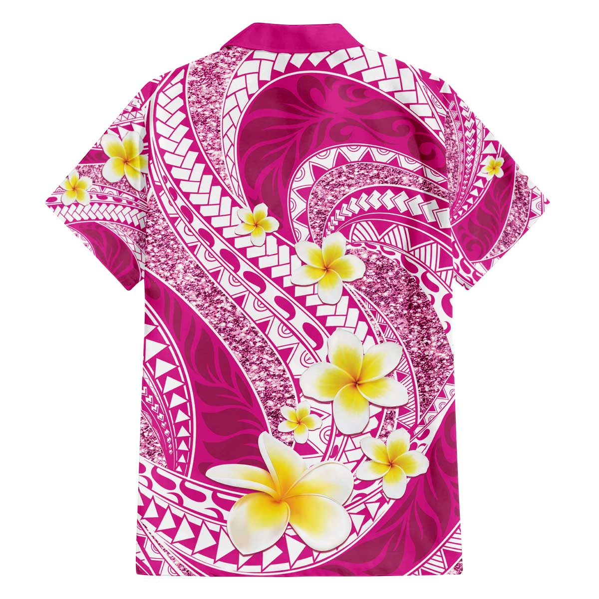 Plumeria Polynesian Pink Glitter Pattern Family Matching Off The Shoulder Long Sleeve Dress and Hawaiian Shirt