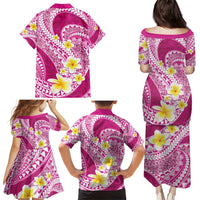 Plumeria Polynesian Pink Glitter Pattern Family Matching Puletasi and Hawaiian Shirt