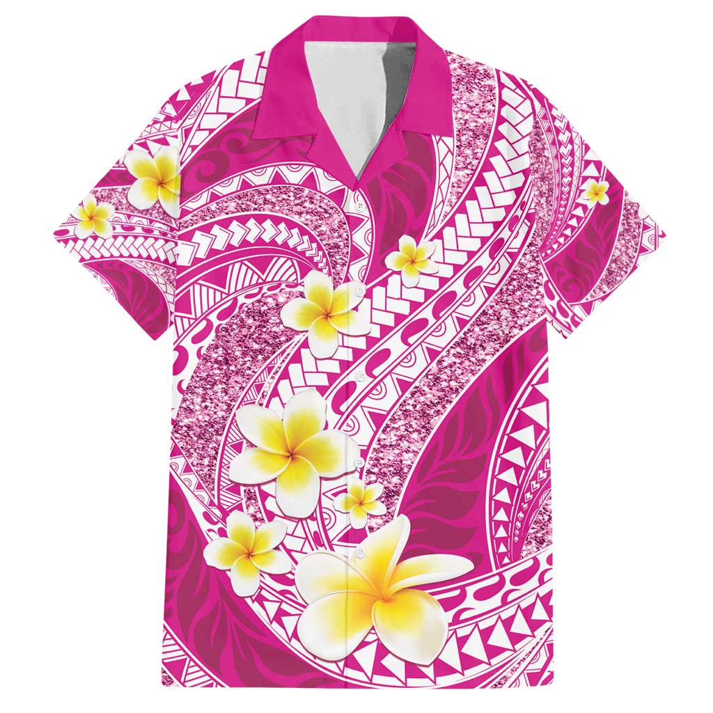 Plumeria Polynesian Pink Glitter Pattern Family Matching Puletasi and Hawaiian Shirt