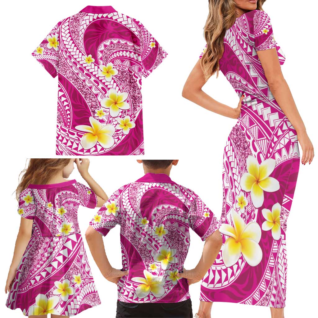 Plumeria Polynesian Pink Glitter Pattern Family Matching Short Sleeve Bodycon Dress and Hawaiian Shirt