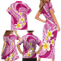 Plumeria Polynesian Pink Glitter Pattern Family Matching Short Sleeve Bodycon Dress and Hawaiian Shirt