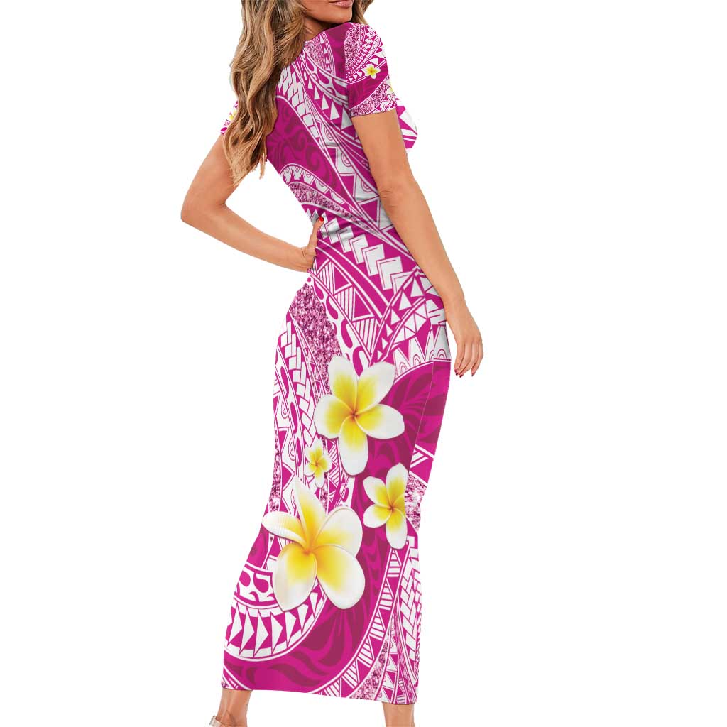 Plumeria Polynesian Pink Glitter Pattern Family Matching Short Sleeve Bodycon Dress and Hawaiian Shirt