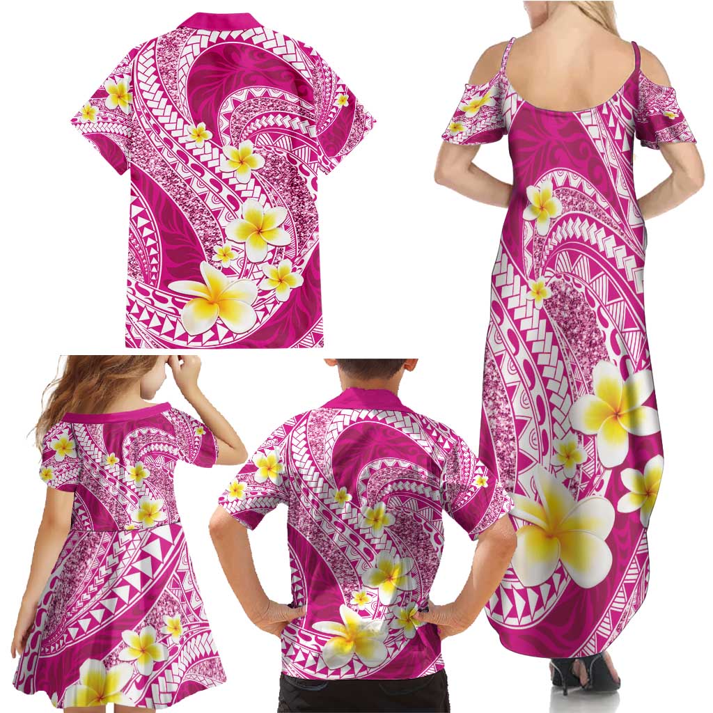 Plumeria Polynesian Pink Glitter Pattern Family Matching Summer Maxi Dress and Hawaiian Shirt