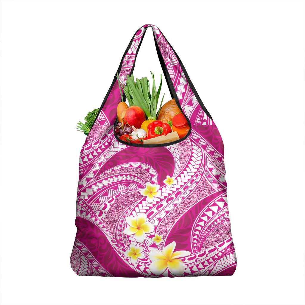 Plumeria Polynesian Pink Glitter Pattern Grocery Bag