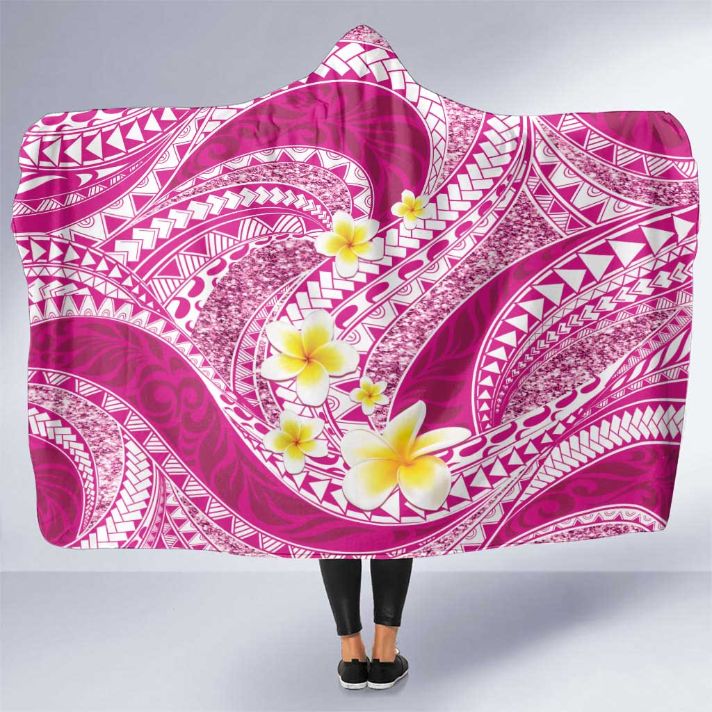 Plumeria Polynesian Pink Glitter Pattern Hooded Blanket