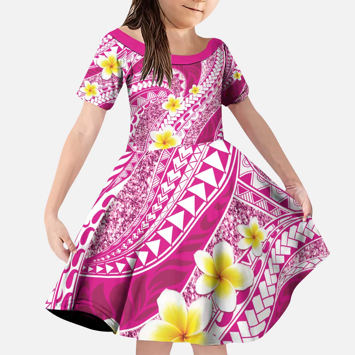 Plumeria Polynesian Pink Glitter Pattern Kid Short Sleeve Dress