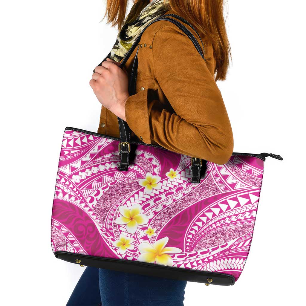 Plumeria Polynesian Pink Glitter Pattern Leather Tote Bag
