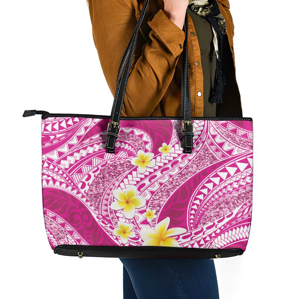 Plumeria Polynesian Pink Glitter Pattern Leather Tote Bag