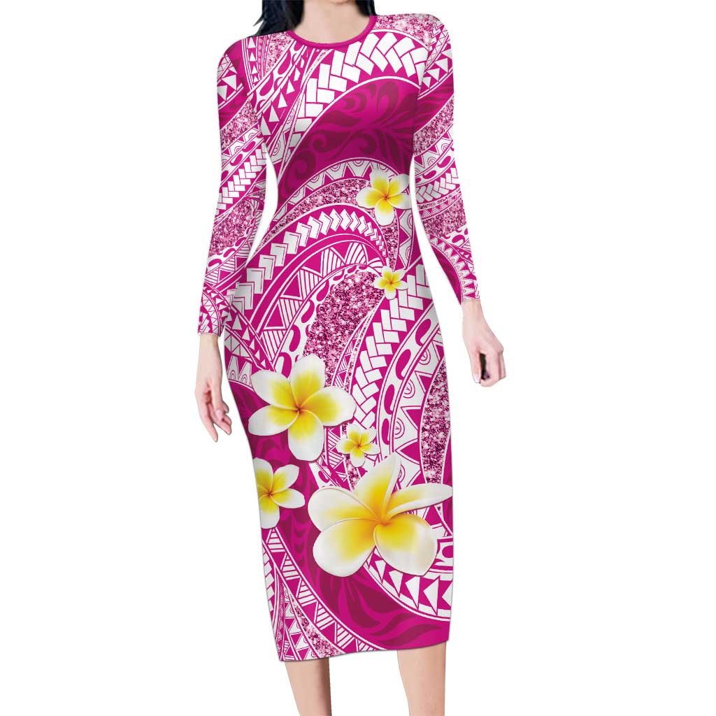 Plumeria Polynesian Pink Glitter Pattern Long Sleeve Bodycon Dress