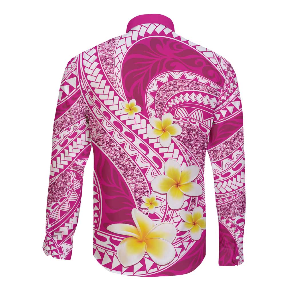Plumeria Polynesian Pink Glitter Pattern Long Sleeve Button Shirt