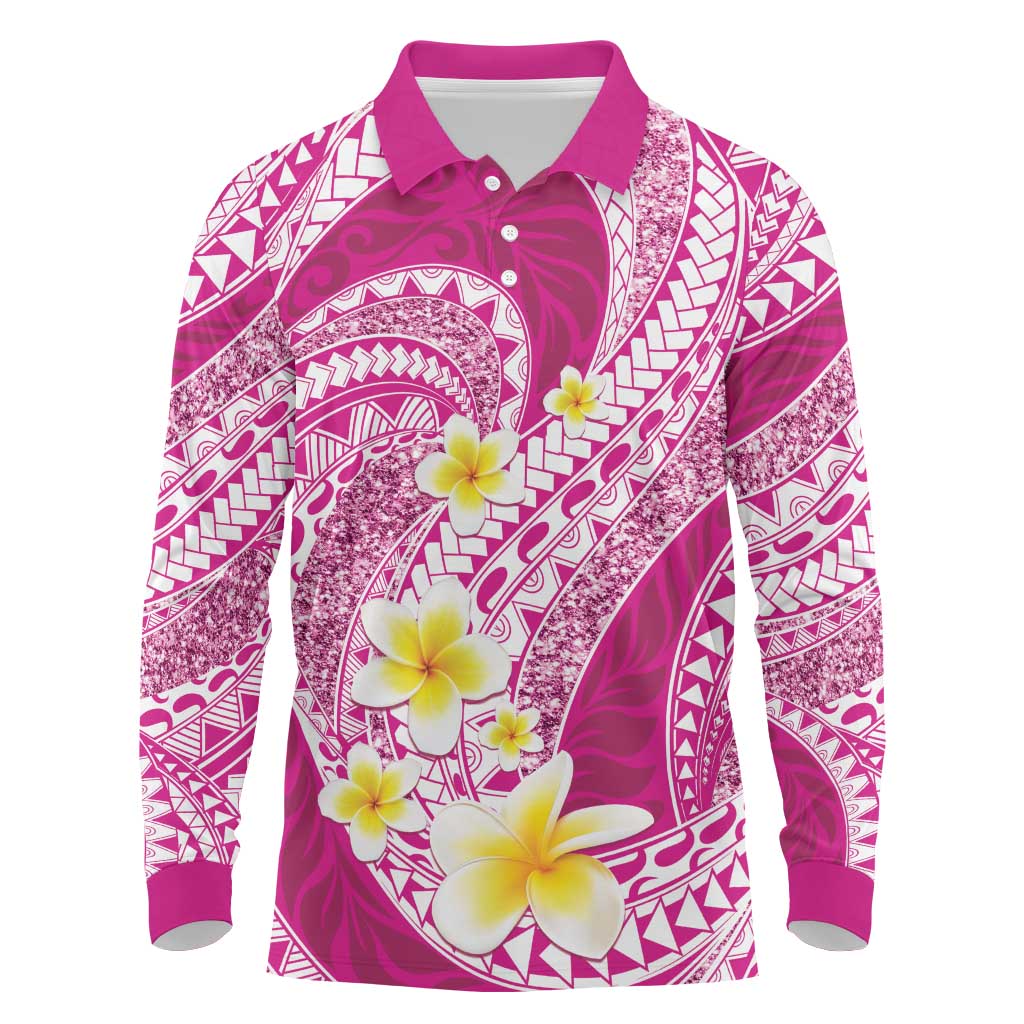 Plumeria Polynesian Pink Glitter Pattern Long Sleeve Polo Shirt LT01 Pink - Polynesian Pride