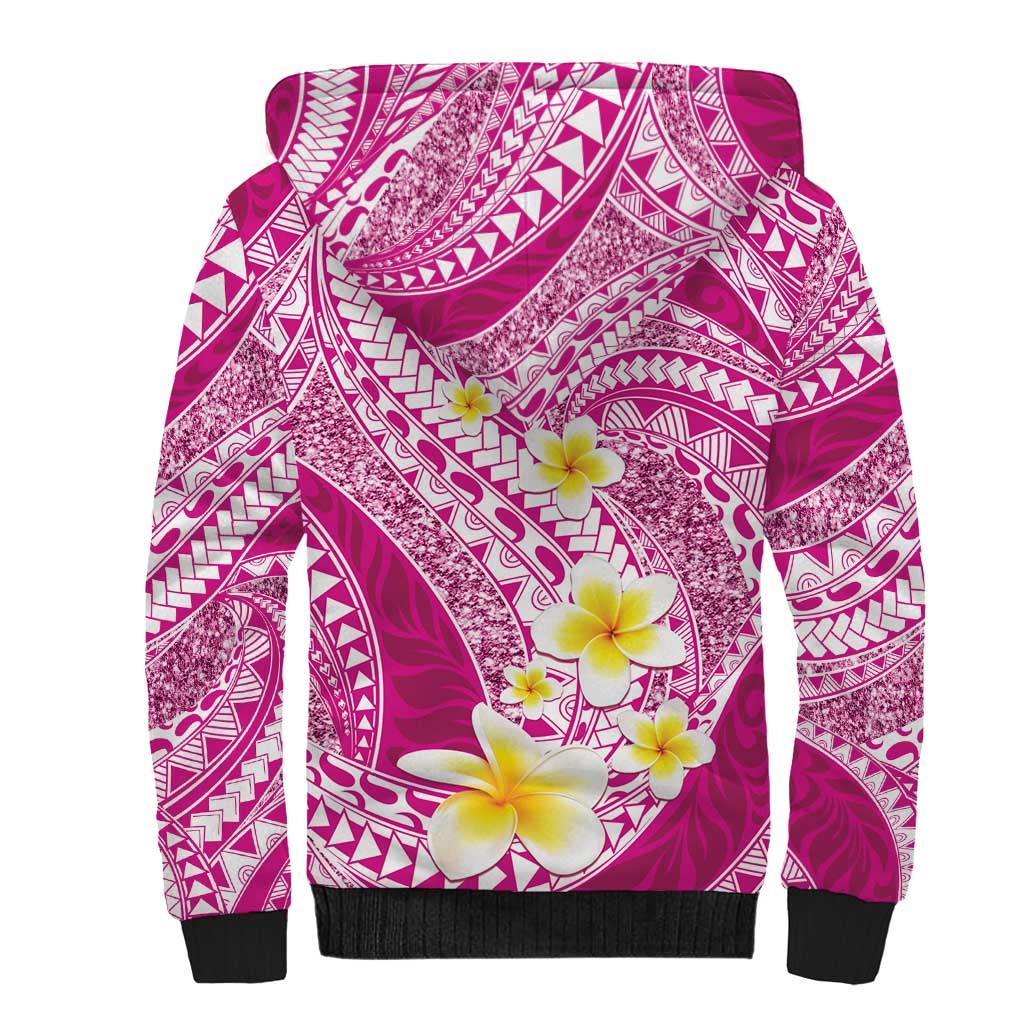 Plumeria Polynesian Pink Glitter Pattern Sherpa Hoodie