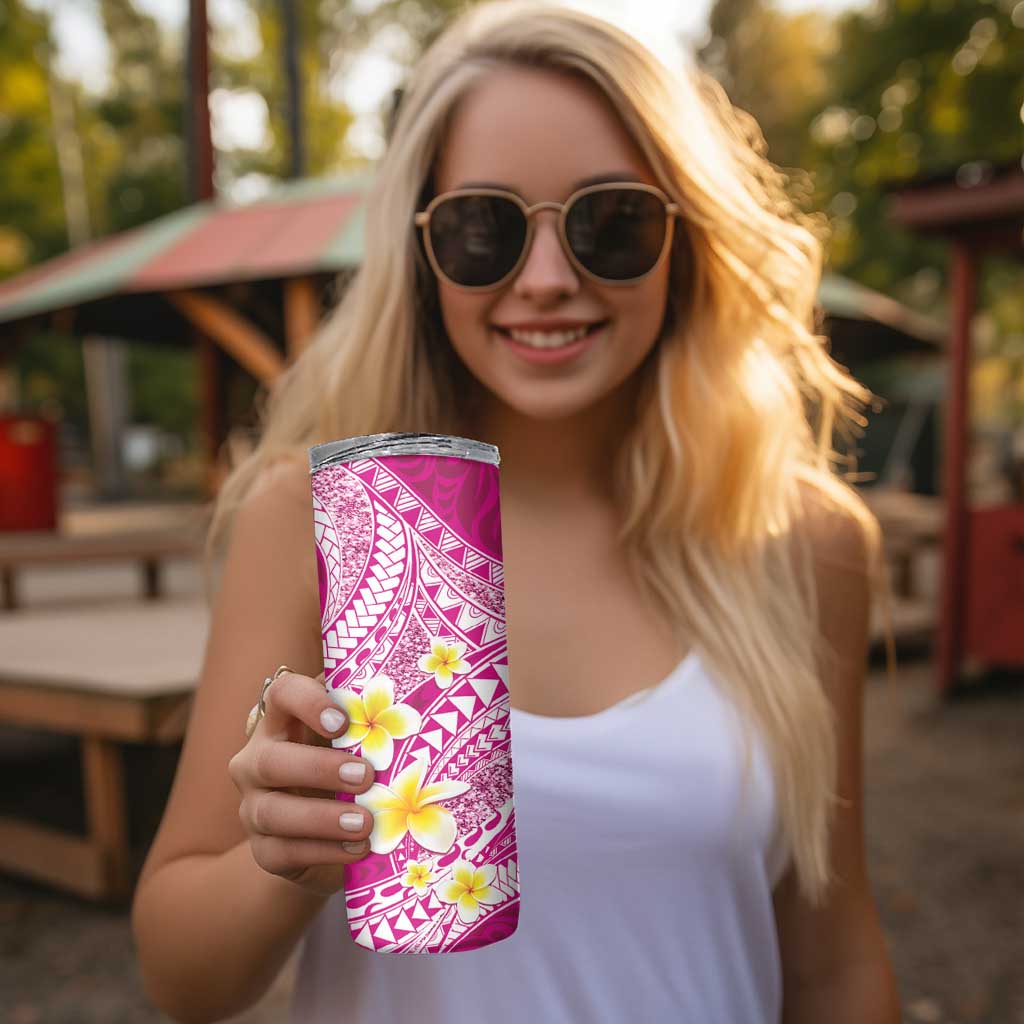 Plumeria Polynesian Pink Glitter Pattern Skinny Tumbler