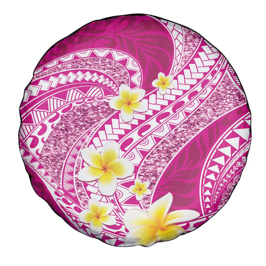 Plumeria Polynesian Pink Glitter Pattern Spare Tire Cover