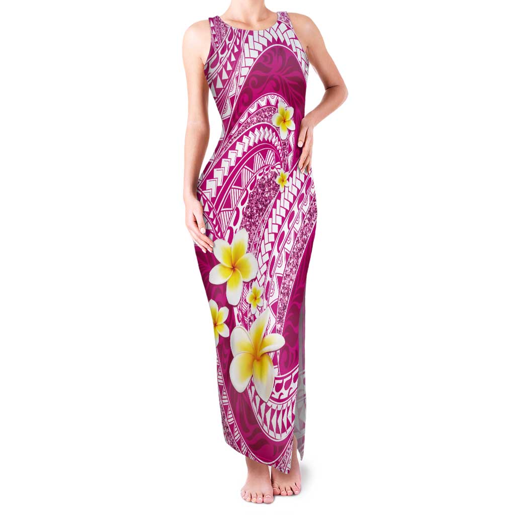 Plumeria Polynesian Pink Glitter Pattern Tank Maxi Dress