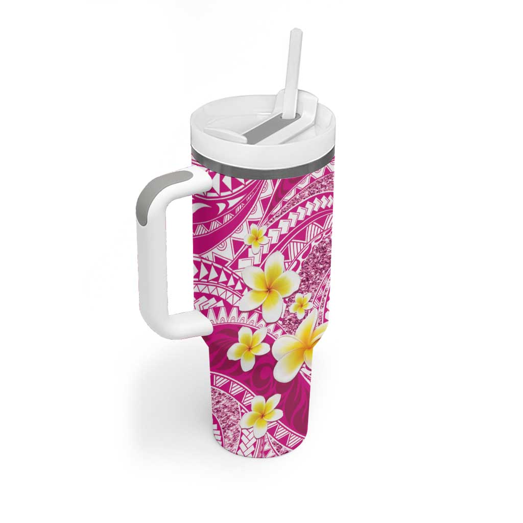 Plumeria Polynesian Pink Glitter Pattern Tumbler With Handle