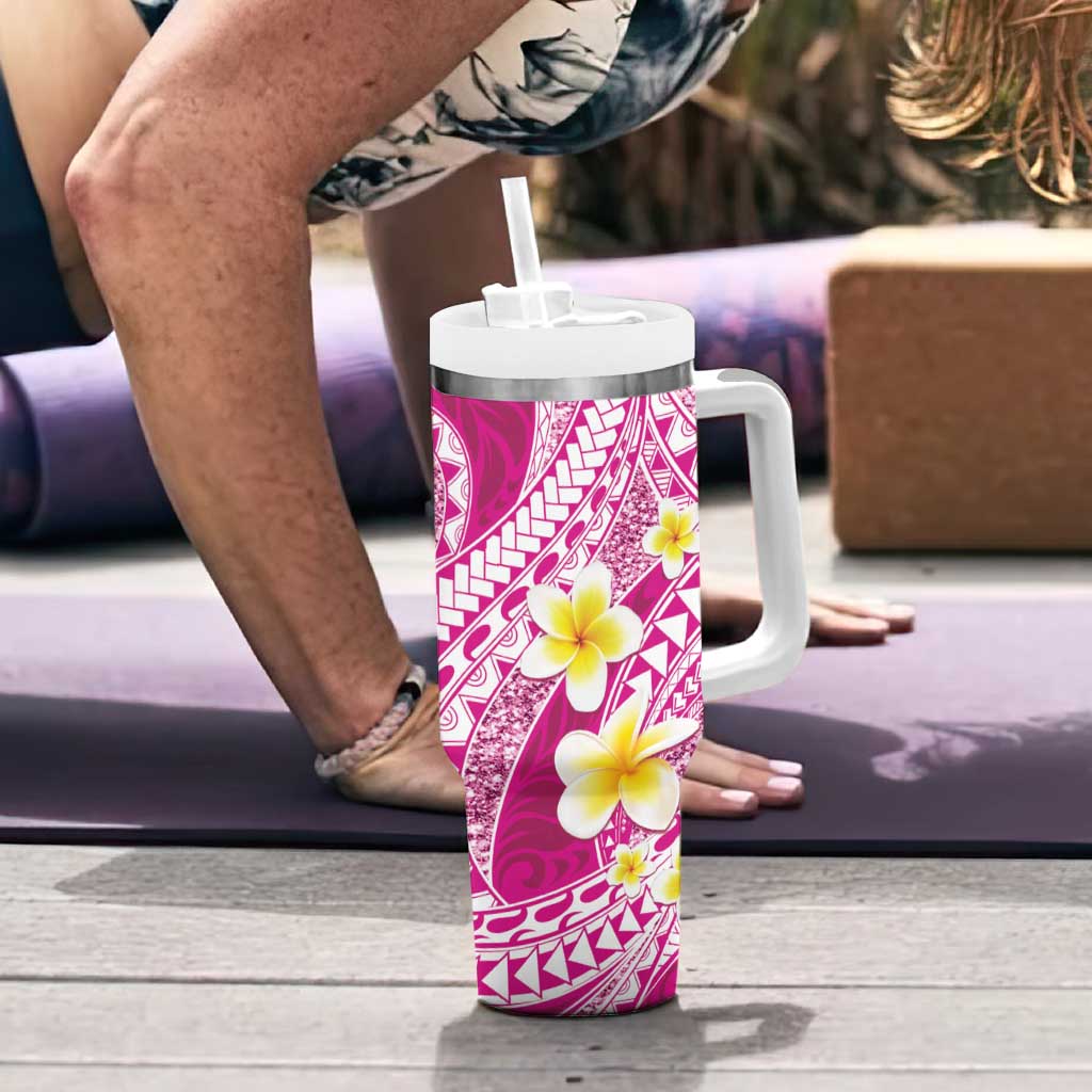 Plumeria Polynesian Pink Glitter Pattern Tumbler With Handle