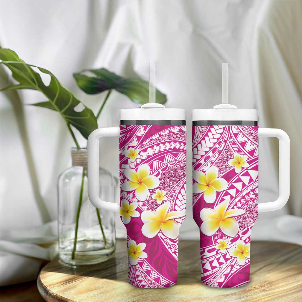 Plumeria Polynesian Pink Glitter Pattern Tumbler With Handle