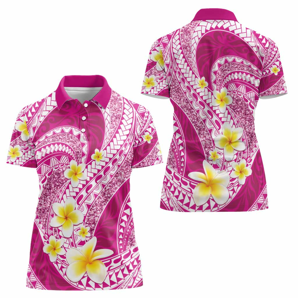 Plumeria Polynesian Pink Glitter Pattern Women Polo Shirt