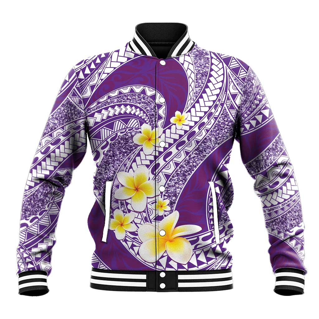 Plumeria Polynesian Purple Glitter Pattern Baseball Jacket