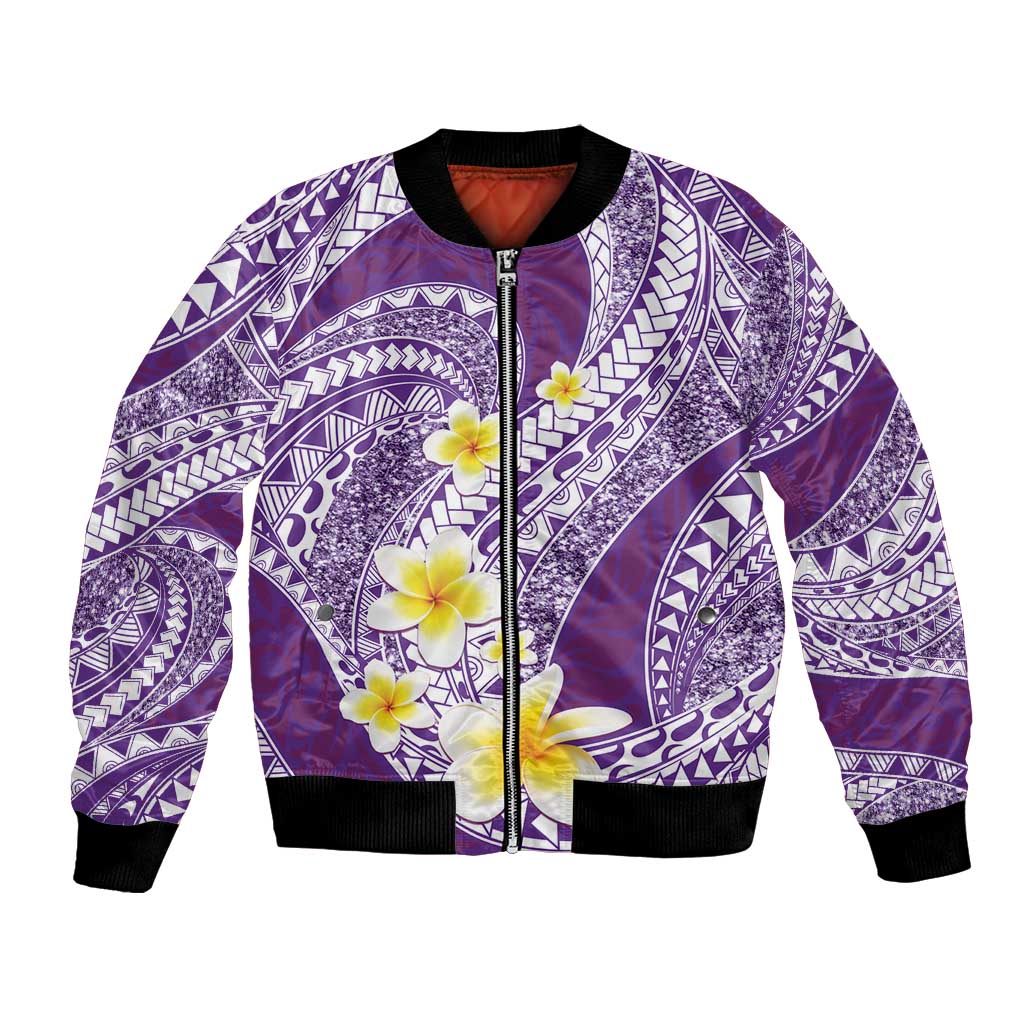 Plumeria Polynesian Purple Glitter Pattern Bomber Jacket LT01 Unisex Purple - Polynesian Pride