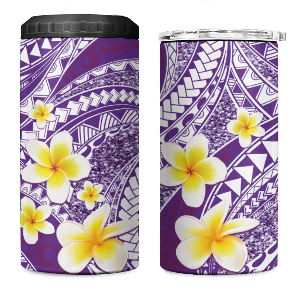 Plumeria Polynesian Purple Glitter Pattern 4 in 1 Can Cooler Tumbler