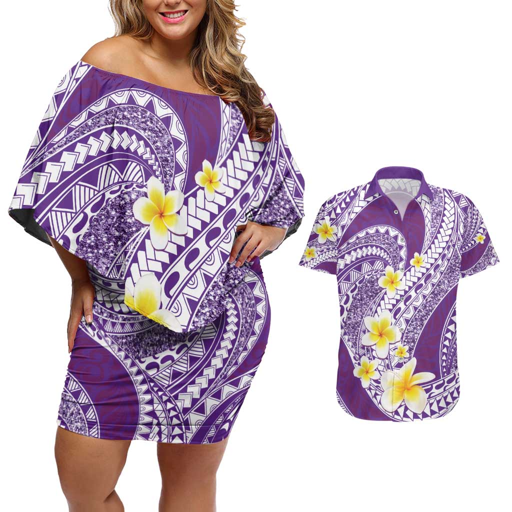 Plumeria Polynesian Purple Glitter Pattern Couples Matching Off Shoulder Short Dress and Hawaiian Shirt