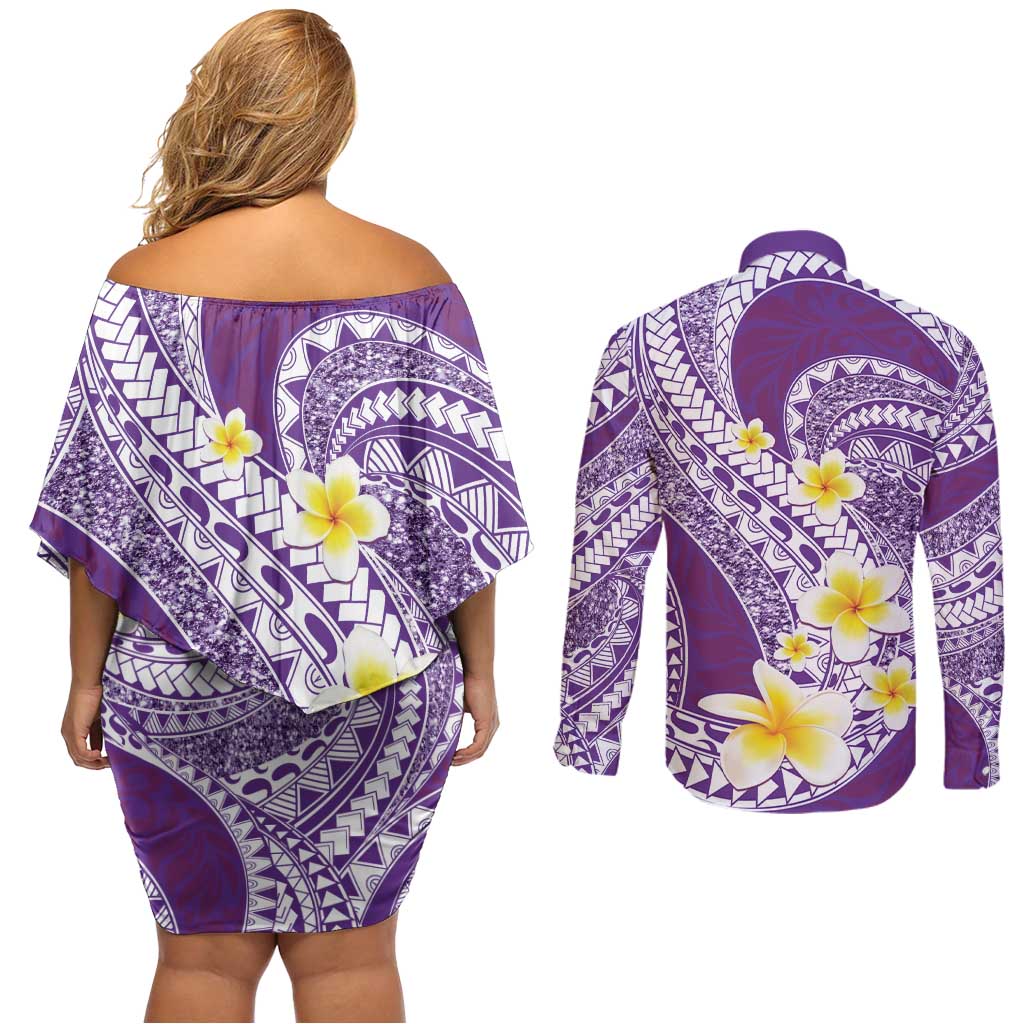 Plumeria Polynesian Purple Glitter Pattern Couples Matching Off Shoulder Short Dress and Long Sleeve Button Shirt