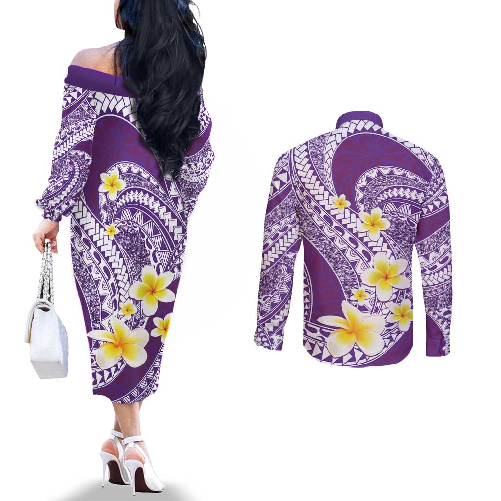 Plumeria Polynesian Purple Glitter Pattern Couples Matching Off The Shoulder Long Sleeve Dress and Long Sleeve Button Shirt