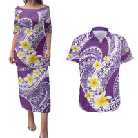 Plumeria Polynesian Purple Glitter Pattern Couples Matching Puletasi and Hawaiian Shirt
