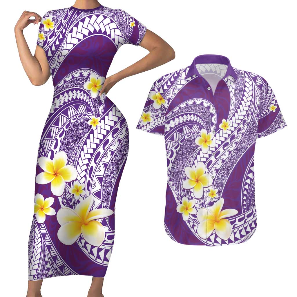 Plumeria Polynesian Purple Glitter Pattern Couples Matching Short Sleeve Bodycon Dress and Hawaiian Shirt