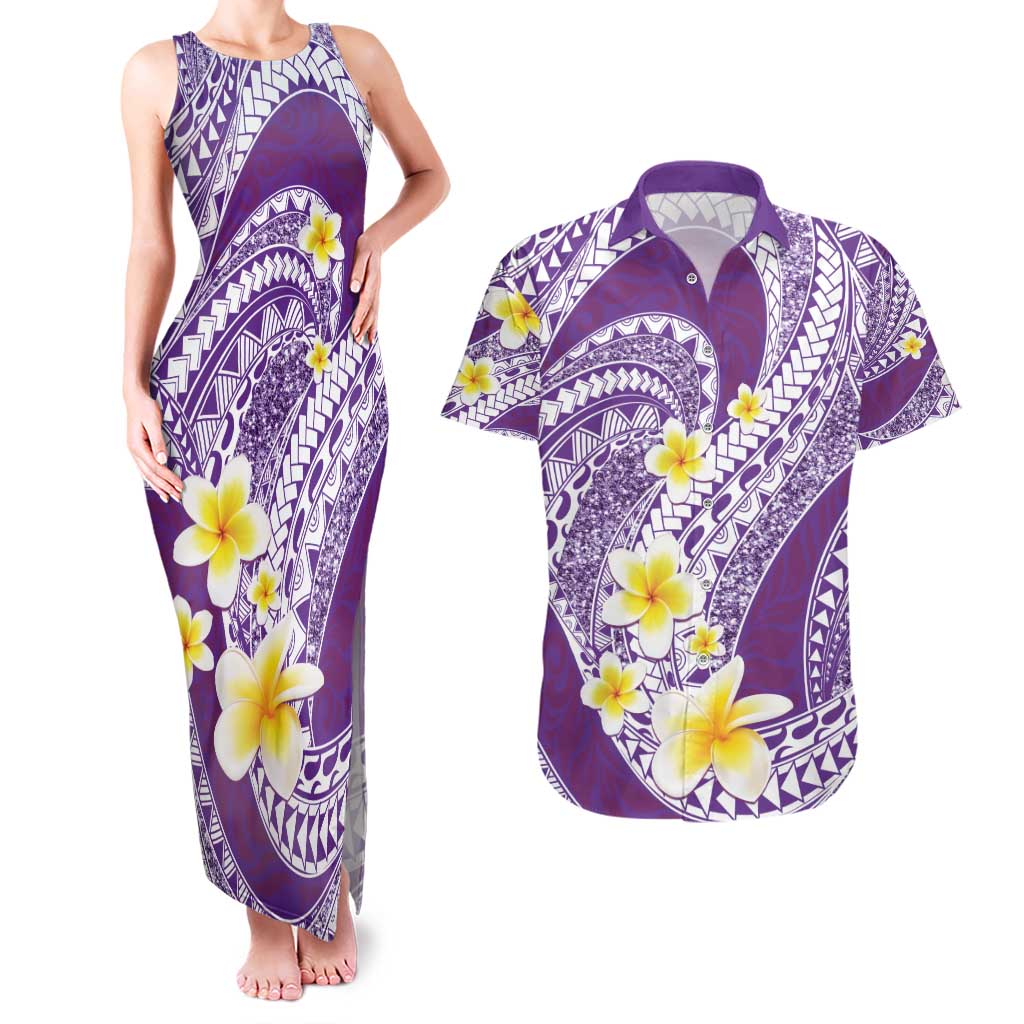 Plumeria Polynesian Purple Glitter Pattern Couples Matching Tank Maxi Dress and Hawaiian Shirt
