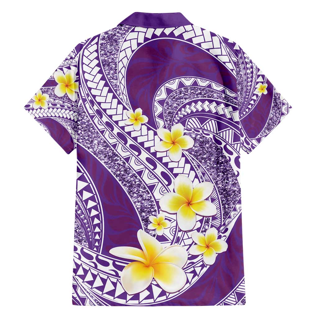 Plumeria Polynesian Purple Glitter Pattern Family Matching Long Sleeve Bodycon Dress and Hawaiian Shirt