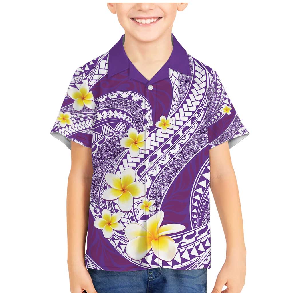 Plumeria Polynesian Purple Glitter Pattern Family Matching Mermaid Dress and Hawaiian Shirt