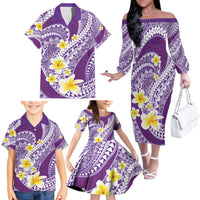 Plumeria Polynesian Purple Glitter Pattern Family Matching Off The Shoulder Long Sleeve Dress and Hawaiian Shirt