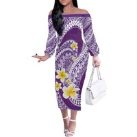 Plumeria Polynesian Purple Glitter Pattern Family Matching Off The Shoulder Long Sleeve Dress and Hawaiian Shirt