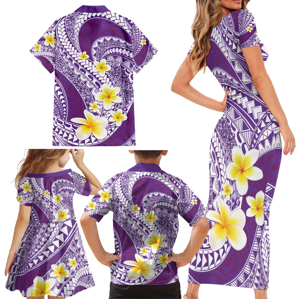 Plumeria Polynesian Purple Glitter Pattern Family Matching Short Sleeve Bodycon Dress and Hawaiian Shirt