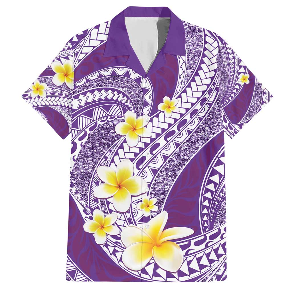 Plumeria Polynesian Purple Glitter Pattern Family Matching Short Sleeve Bodycon Dress and Hawaiian Shirt