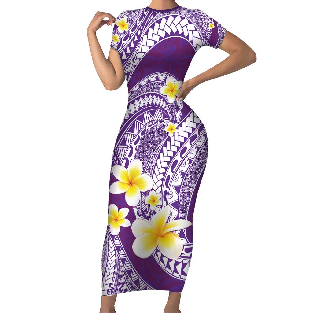 Plumeria Polynesian Purple Glitter Pattern Family Matching Short Sleeve Bodycon Dress and Hawaiian Shirt