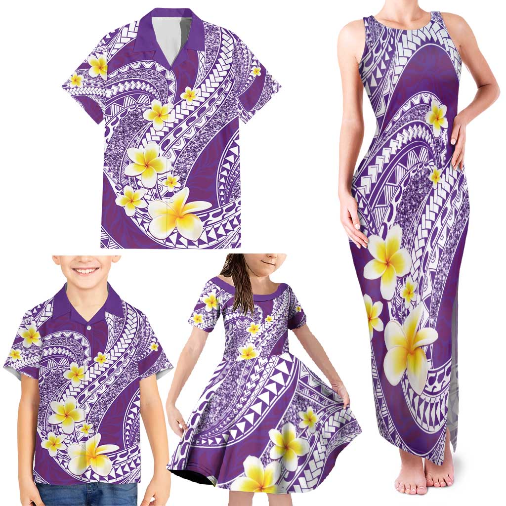 Plumeria Polynesian Purple Glitter Pattern Family Matching Tank Maxi Dress and Hawaiian Shirt