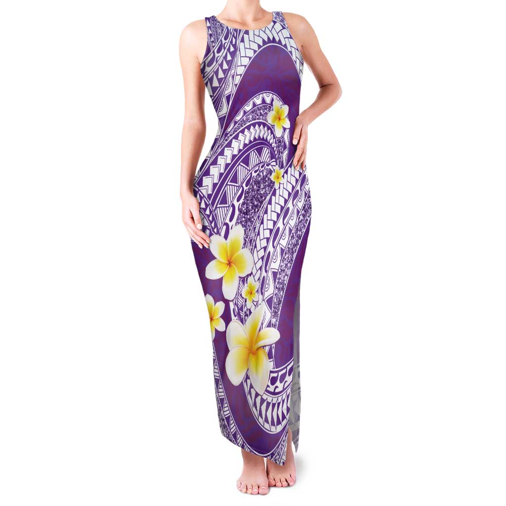 Plumeria Polynesian Purple Glitter Pattern Family Matching Tank Maxi Dress and Hawaiian Shirt