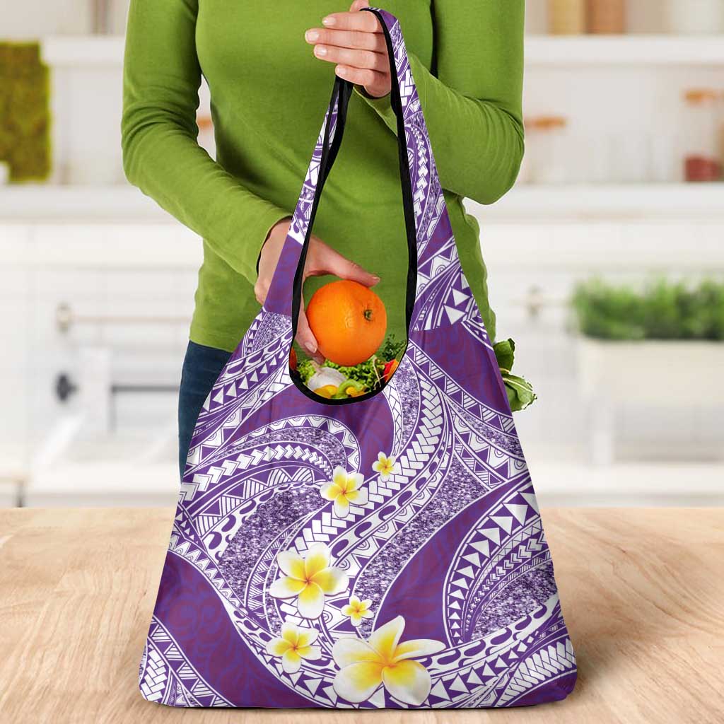 Plumeria Polynesian Purple Glitter Pattern Grocery Bag