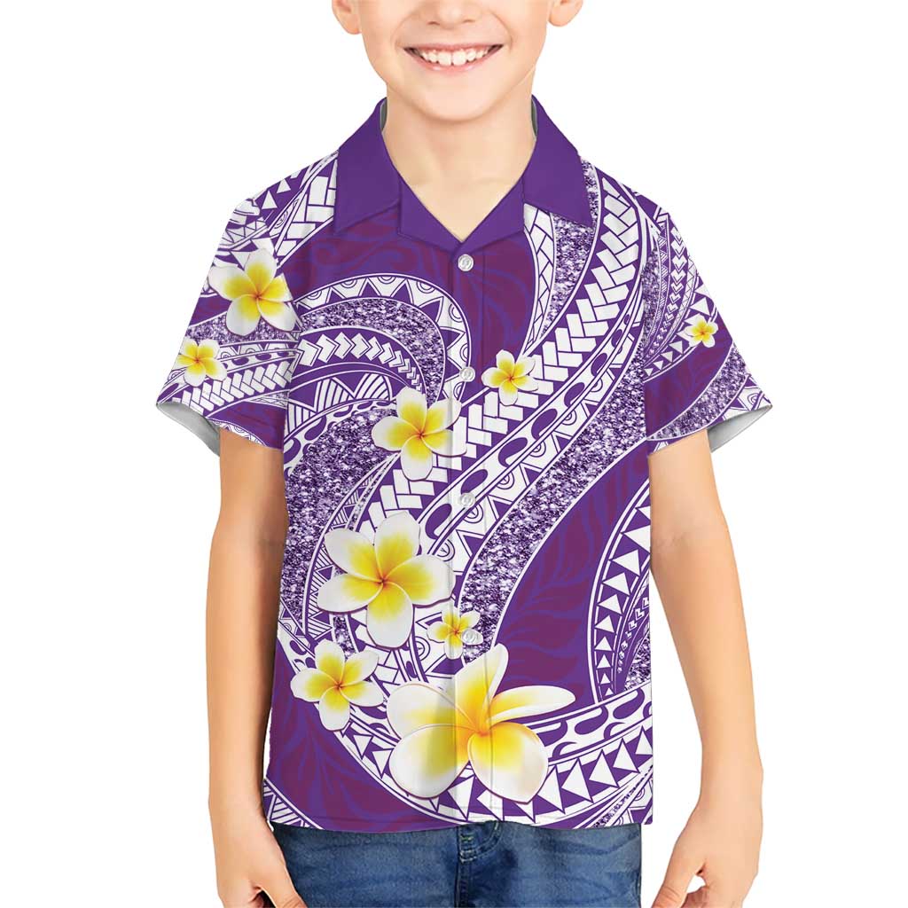 Plumeria Polynesian Purple Glitter Pattern Kid Hawaiian Shirt