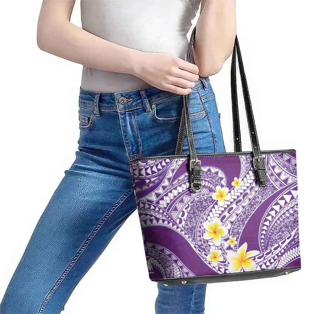 Plumeria Polynesian Purple Glitter Pattern Leather Tote Bag