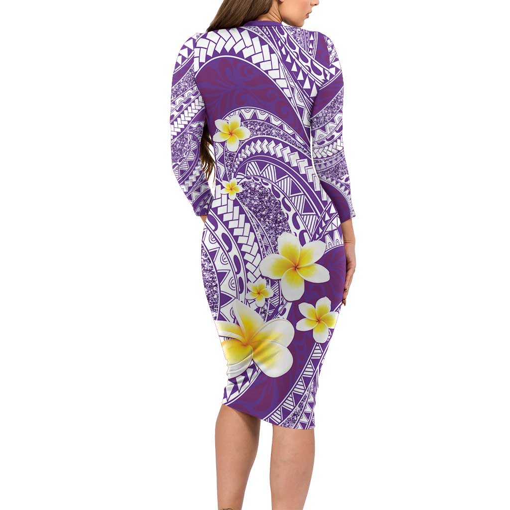 Plumeria Polynesian Purple Glitter Pattern Long Sleeve Bodycon Dress