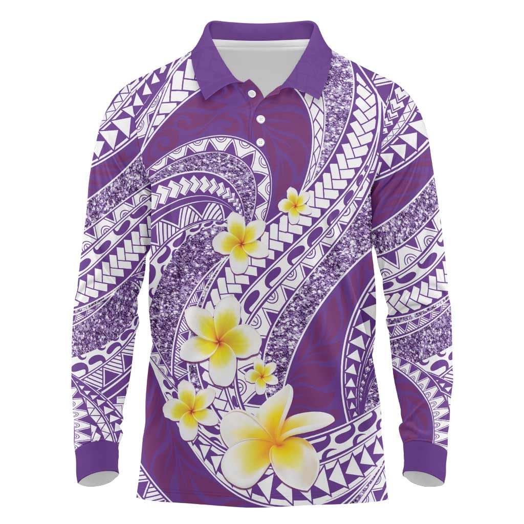 Plumeria Polynesian Purple Glitter Pattern Long Sleeve Polo Shirt LT01 Purple - Polynesian Pride