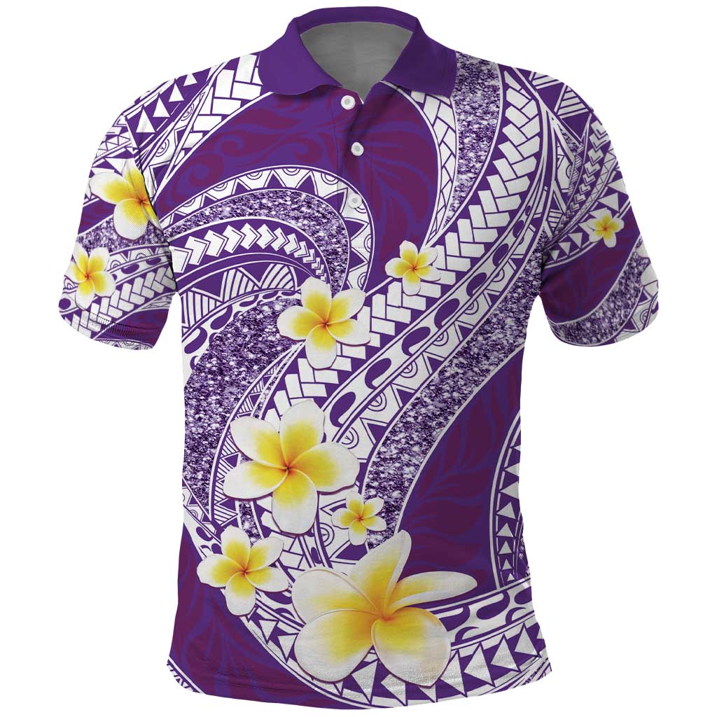 Plumeria Polynesian Purple Glitter Pattern Polo Shirt
