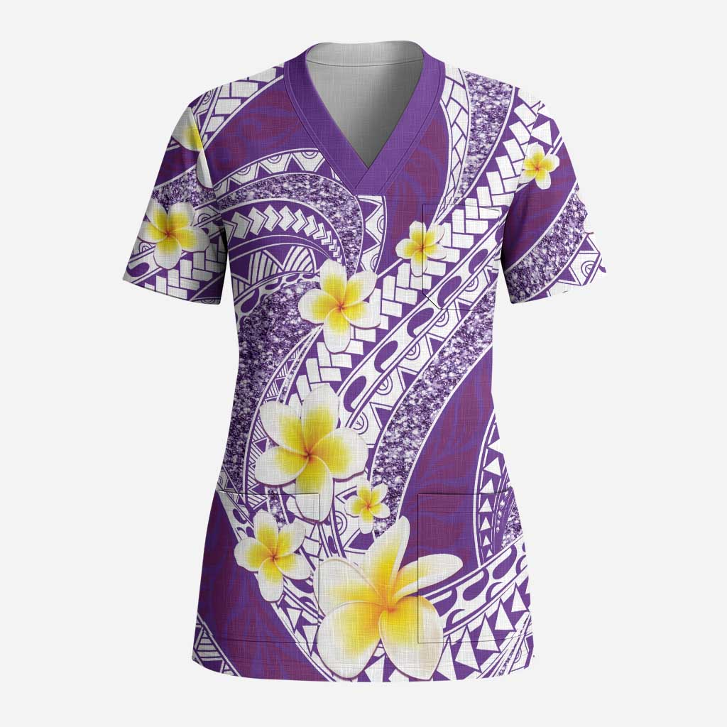 Plumeria Polynesian Purple Glitter Pattern Scrub Top - Polynesian Pride