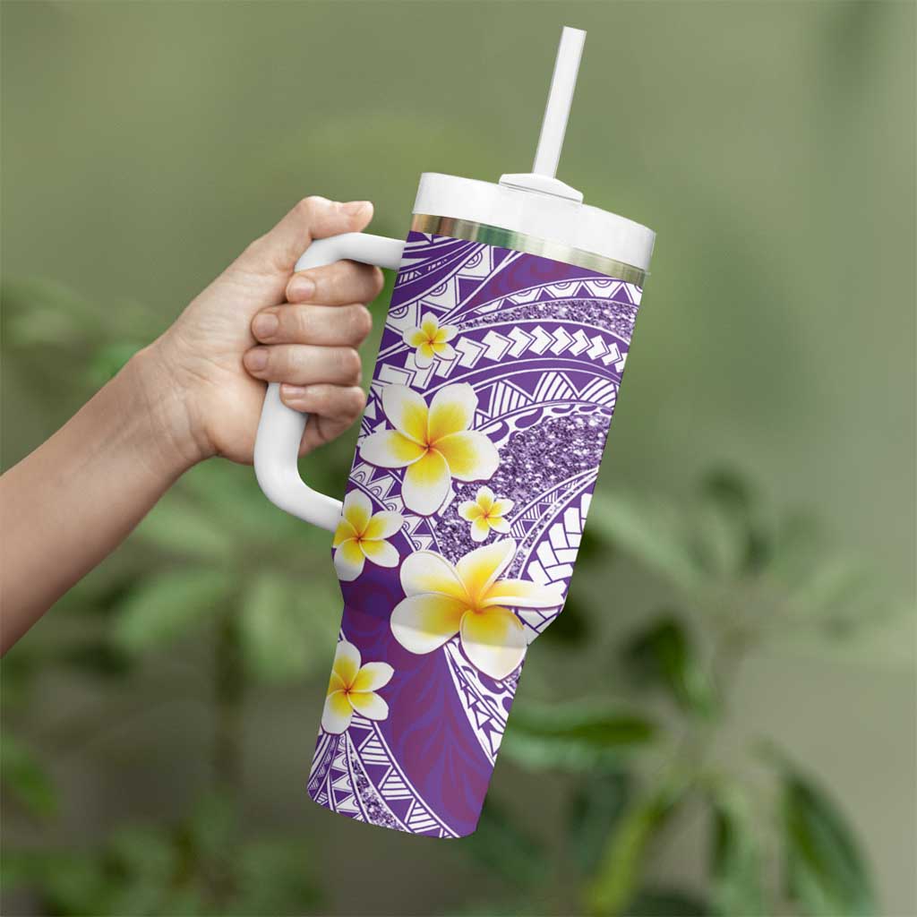 Plumeria Polynesian Purple Glitter Pattern Tumbler With Handle